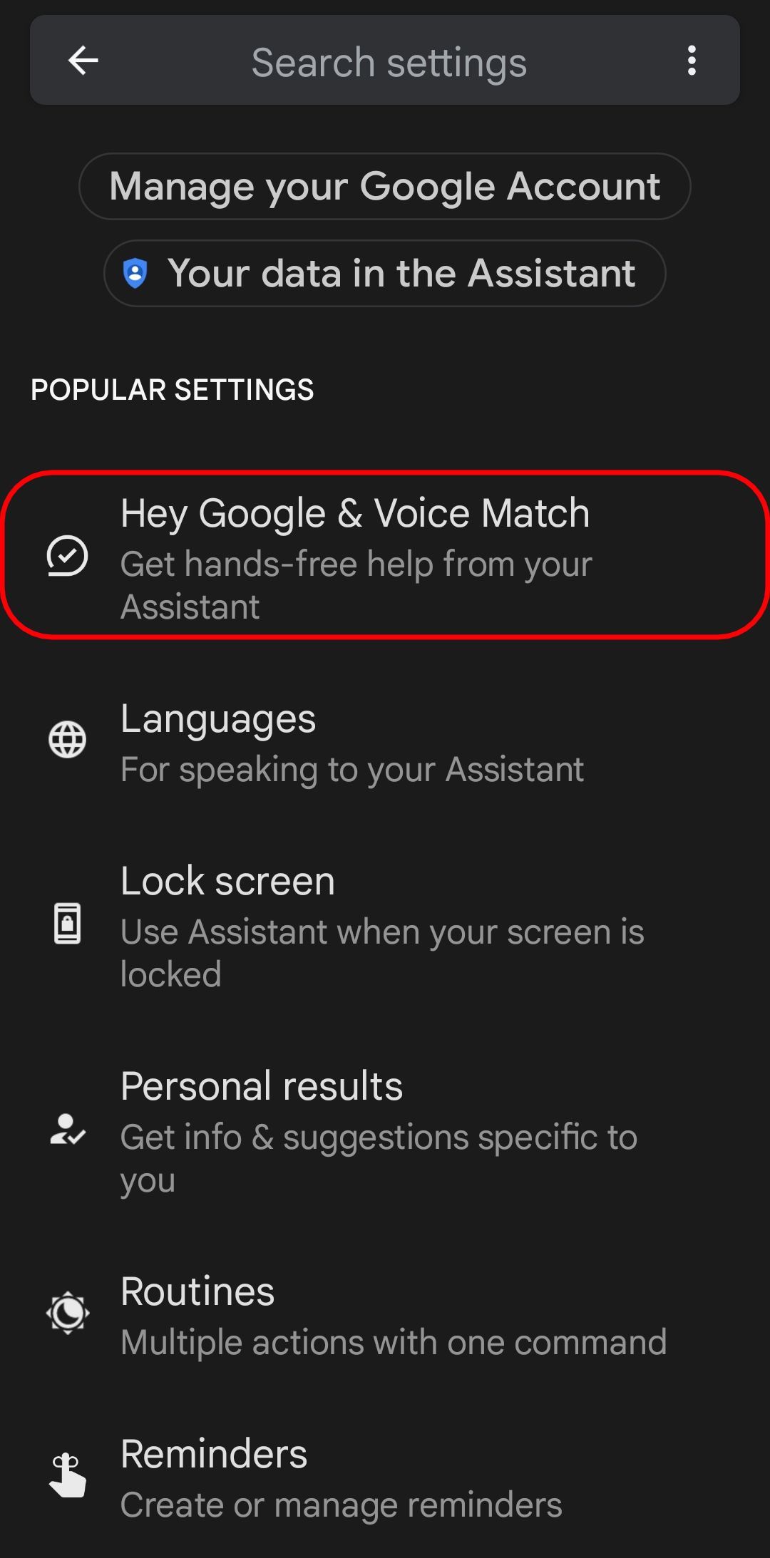 the google assistant settings page with the hey google and voice match option highlighted