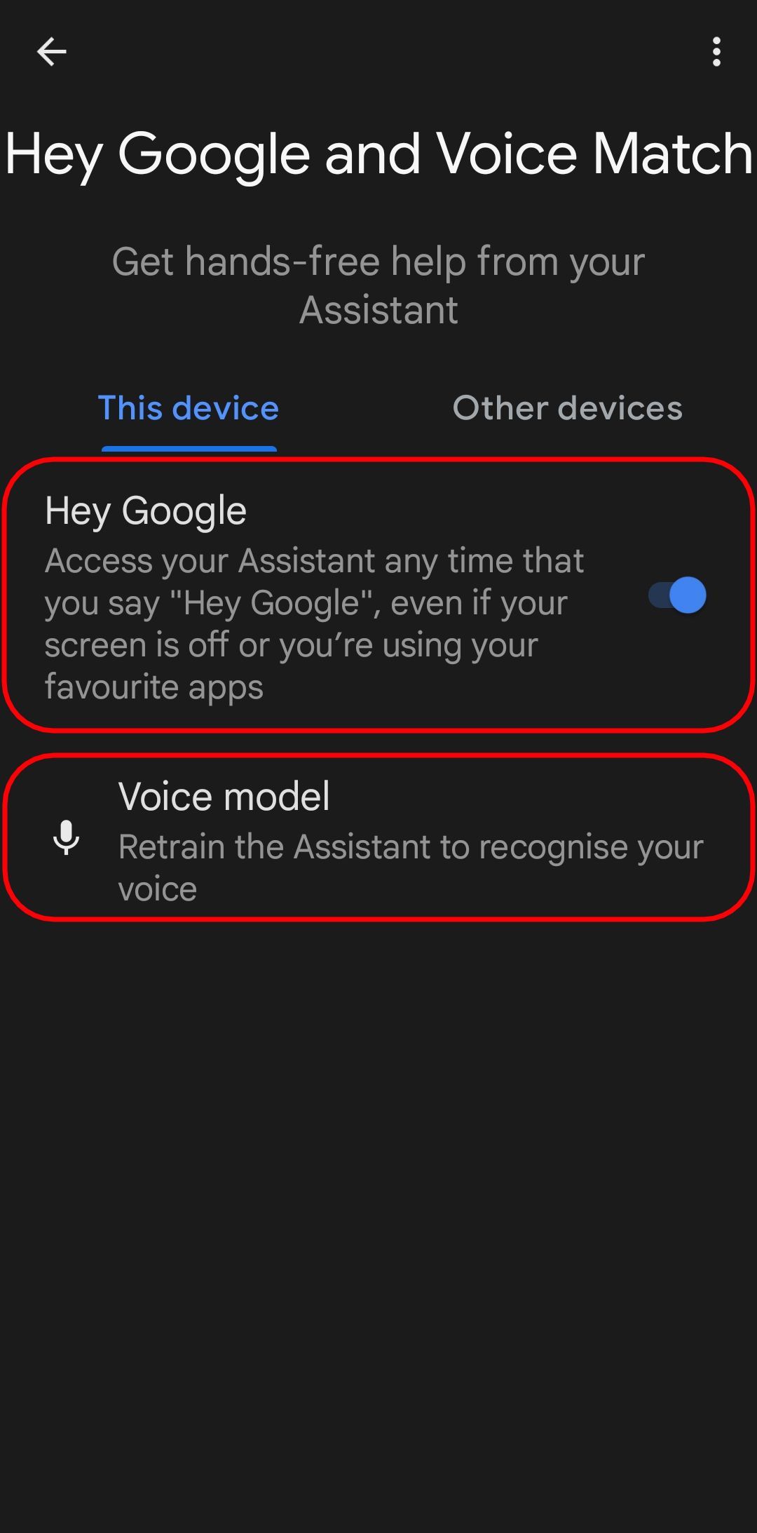 the hey google and voice match settings page open with the hey google and voice match options highlighted
