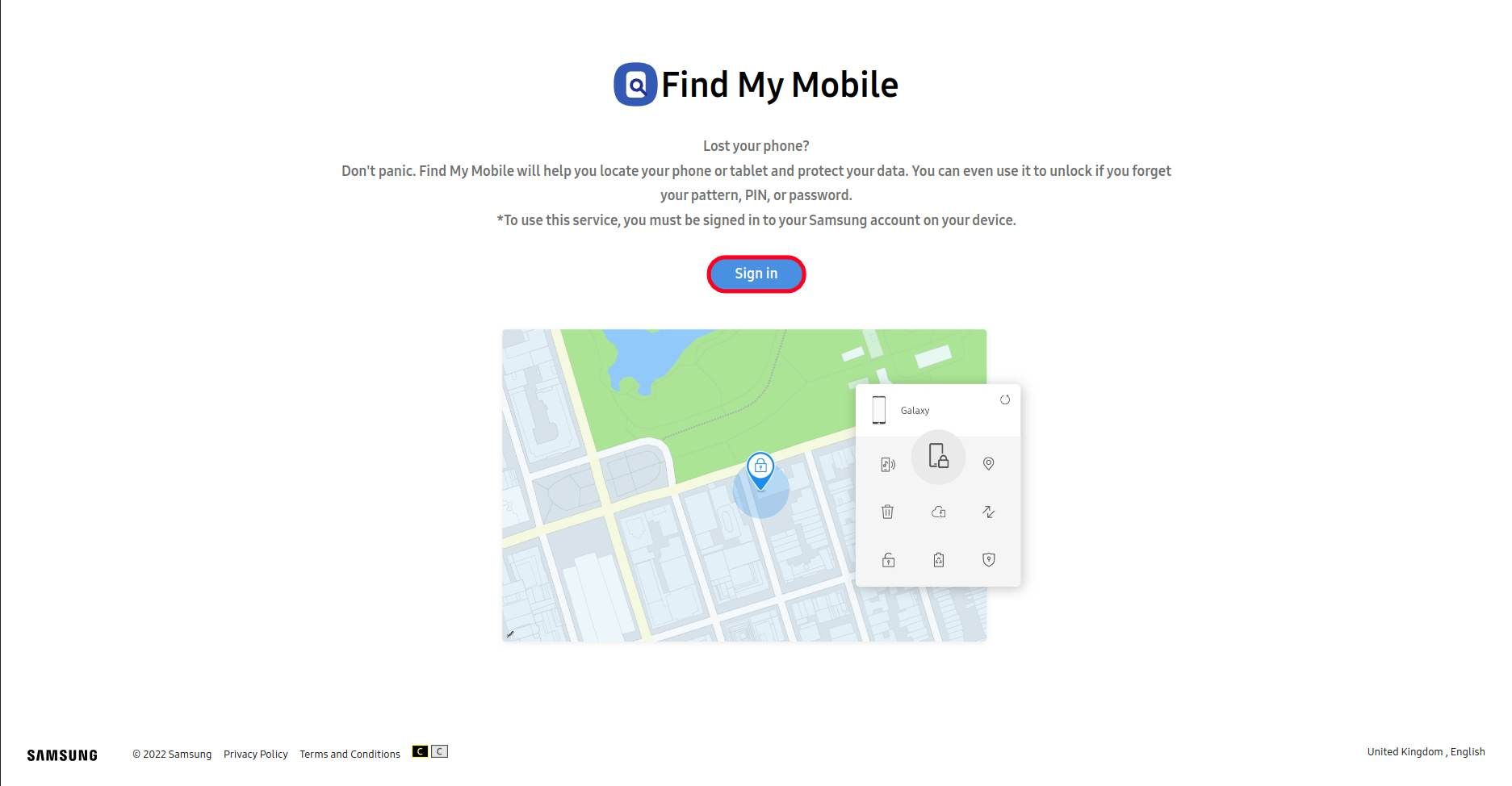 Samsung find my mobile page with the sign in button highlighted.