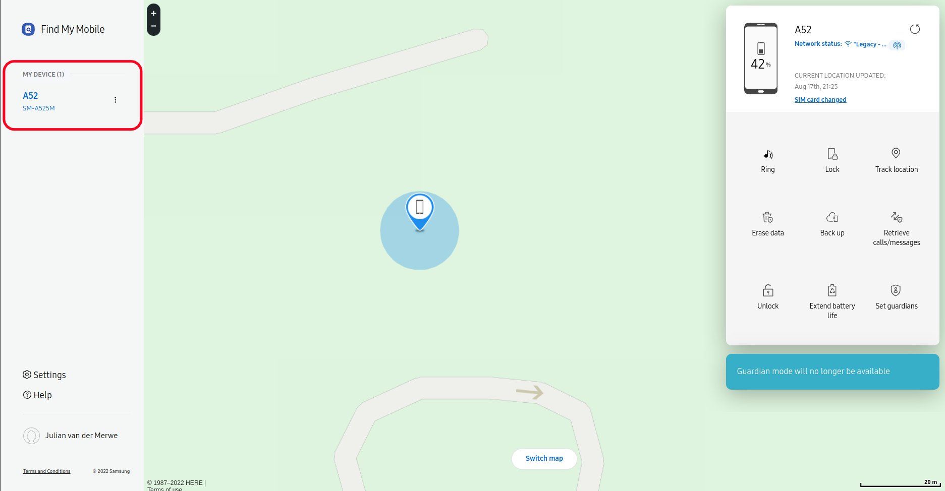 Samsung find my mobile main page open with the phone location in the center and menu options to either side of the map.