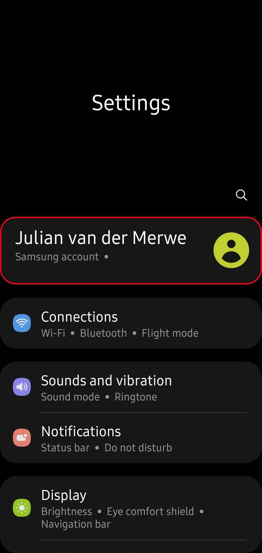 Samsung settings app with the samsung account options highlighted