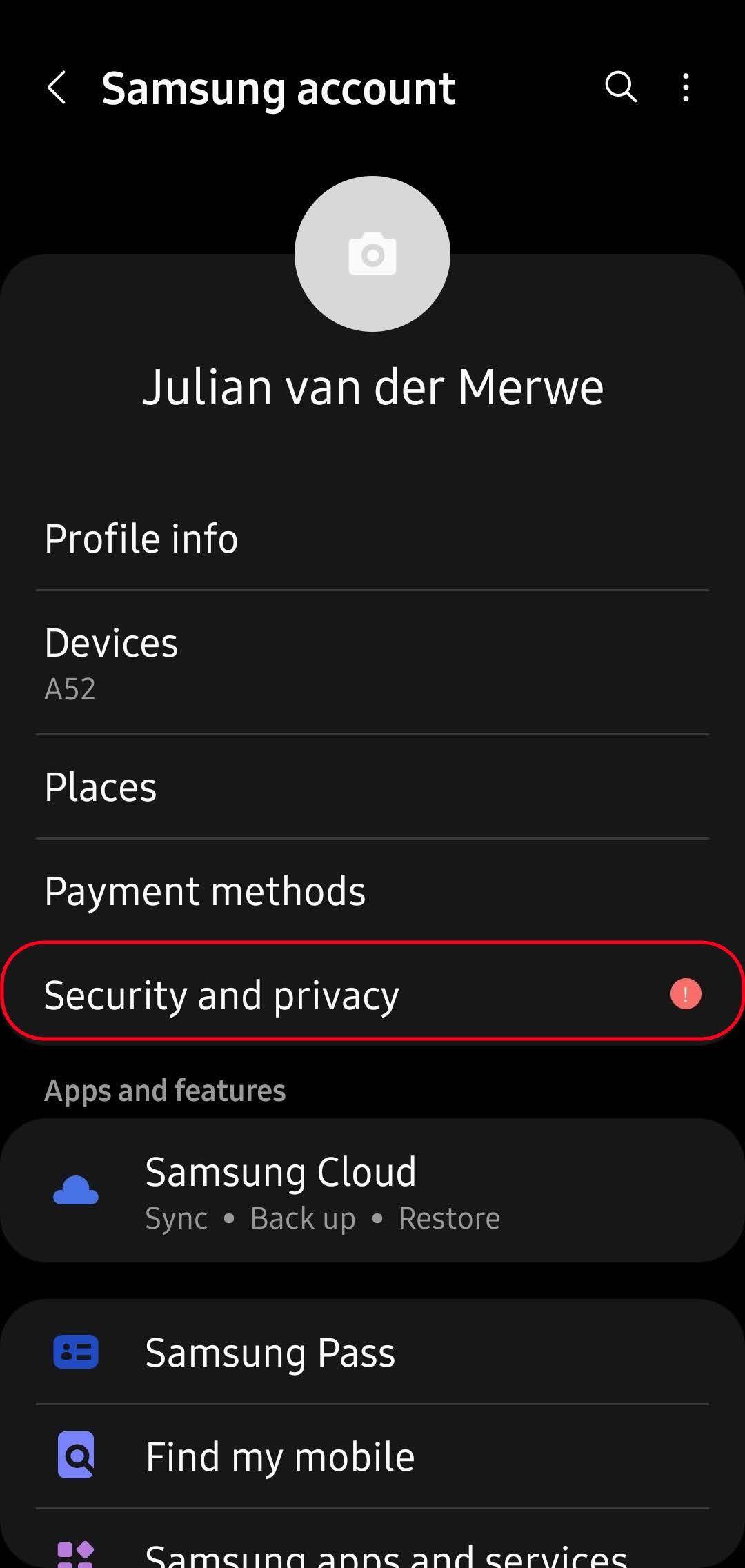 samsung account options with the security and privacy option highlighted.