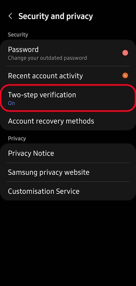 Samsung security and privacy settings page with the two-step verification option highlighted.