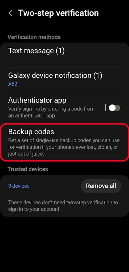 samsung two-step verification settings open with the backup codes option highlighted