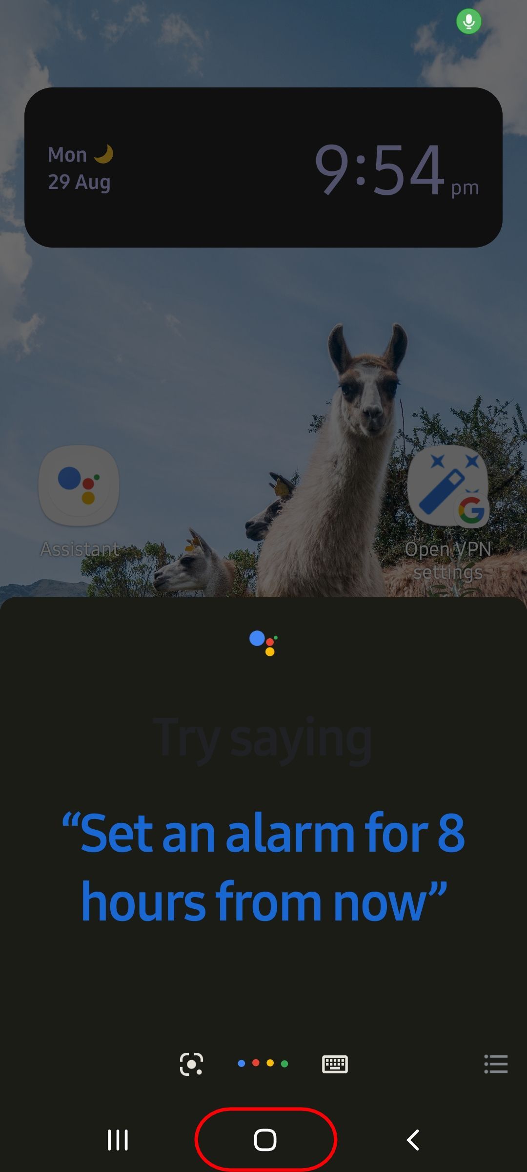 an android homescreen with the google assistant overlay active and the home button highlighted