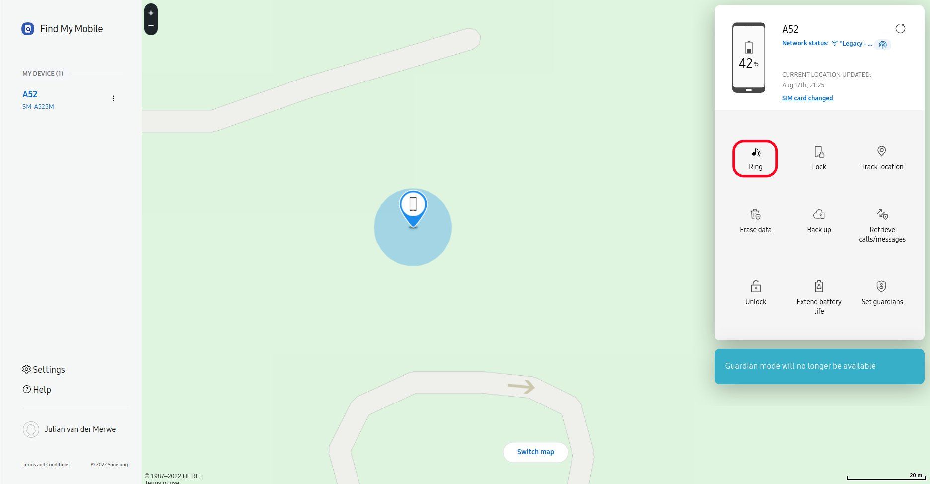 samsung find my mobile page with the ring button highlighted