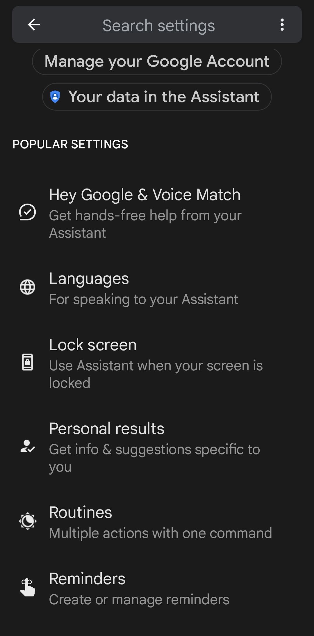 the google assistant settings page 