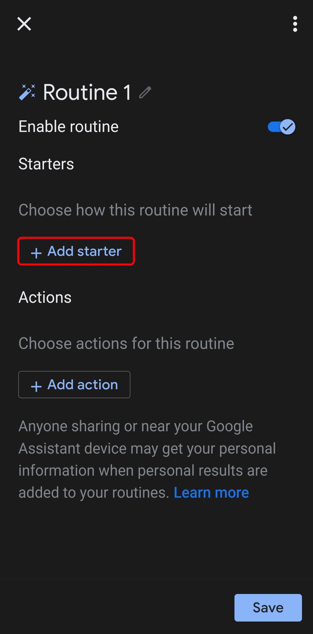 a new google assistant routine with the add starter button highlighted