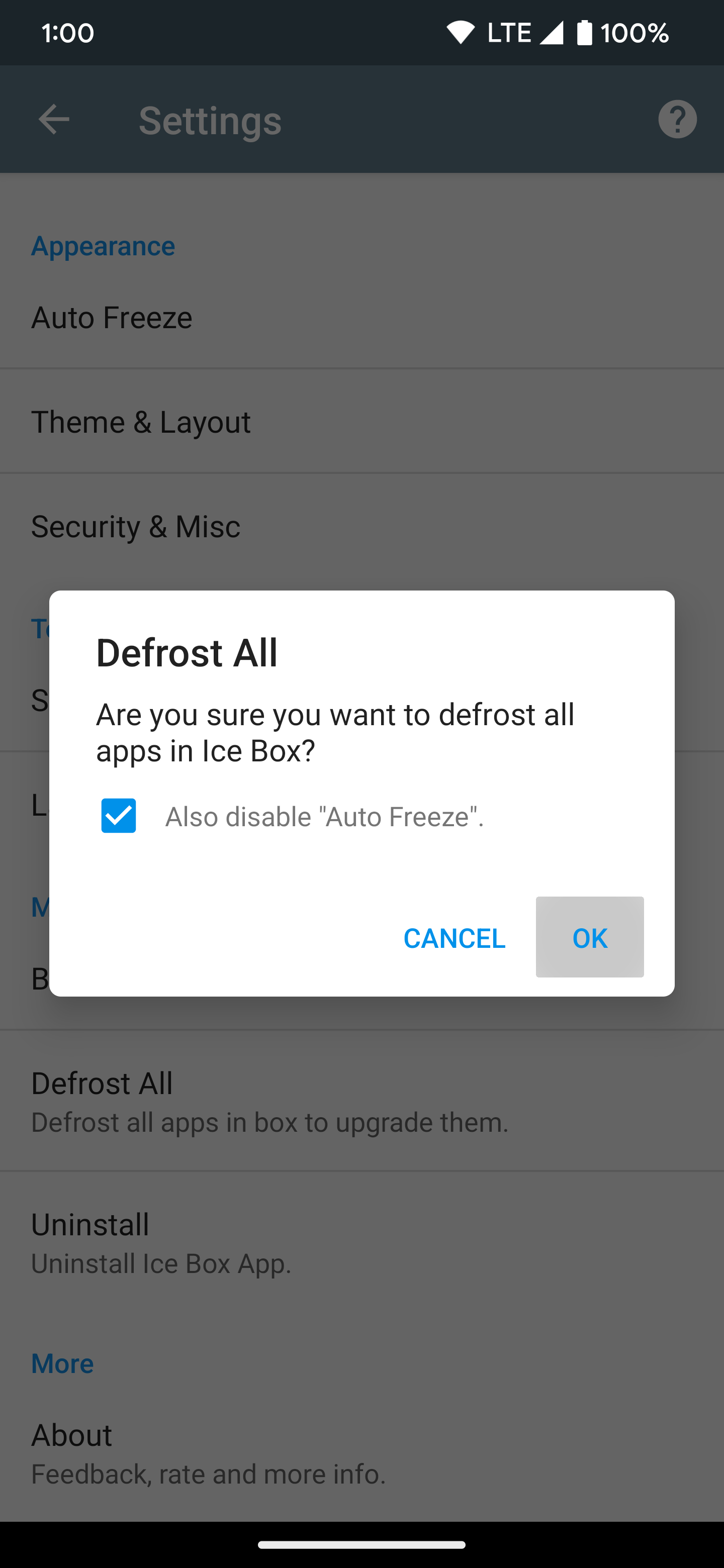 Confirming the Defrost All option in the Ice Box app and pressing OK