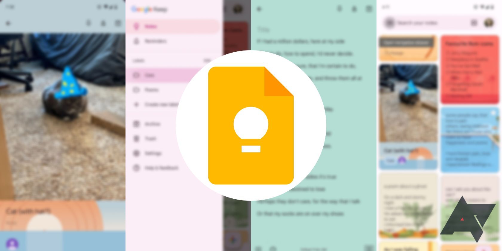 The Google Keep logo on top of a blurred image of a page of Google Keep notes