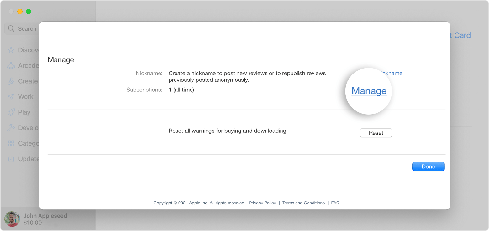 Screenshot of the Apple Store's account settings subscription section on macOS. The displayed details include the account holder's name and the duration of the Apple Music subscription. The 'Manage' option is magnified for emphasis.