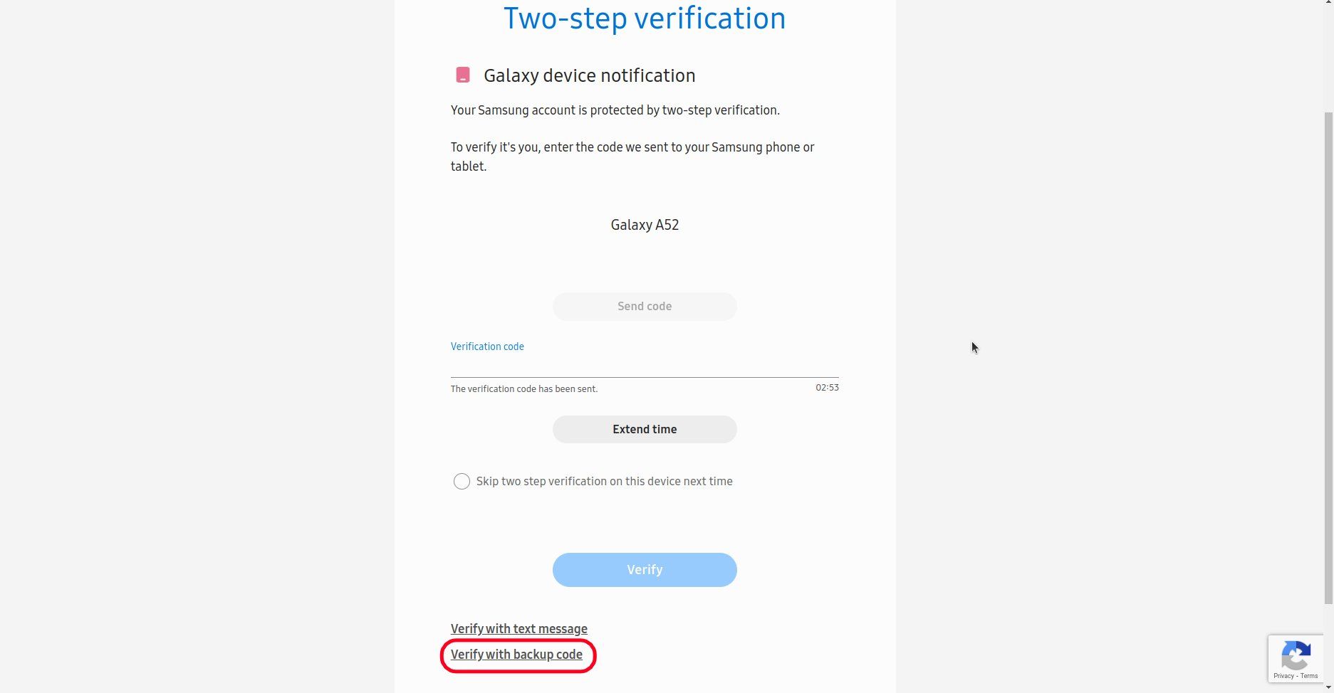 A find my mobile two factor authentication page is open with the verify with backup code button highlighted.