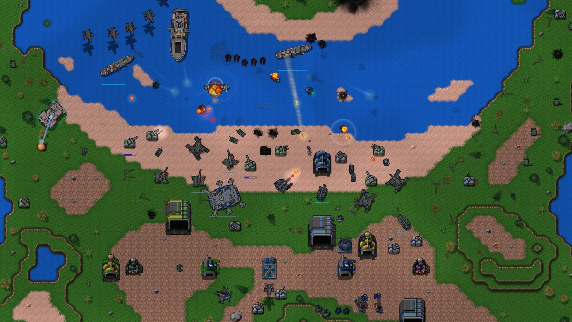 Tangkapan layar Rusted Warfare menunjukkan dua pasukan bertempur dari perspektif top-down