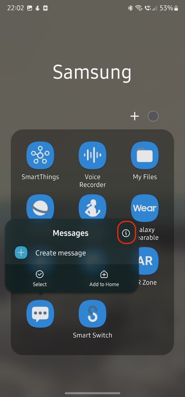 red circle outline over i icon for Samsung messages app