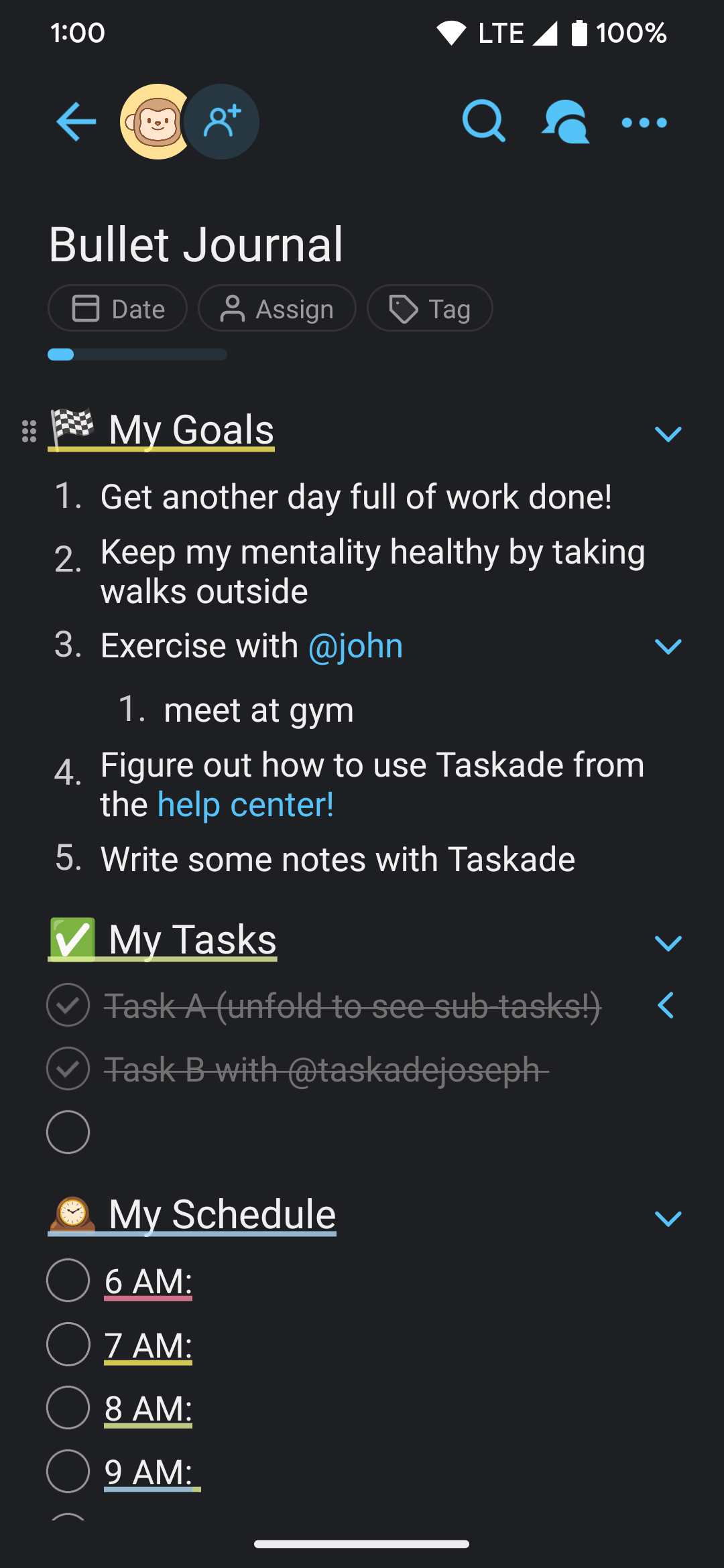 showing an example of a new Bullet Journal blank template in the Taskade app 