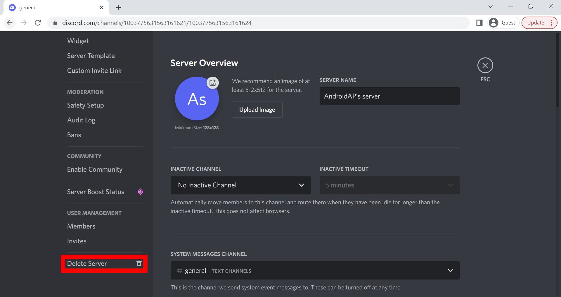 How to delete a discord server