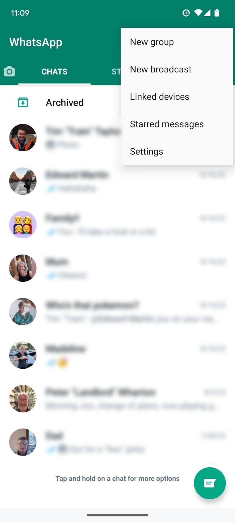 WhatsApp home menu and settings