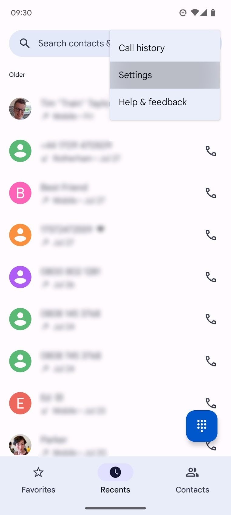 contacts menu in phone app