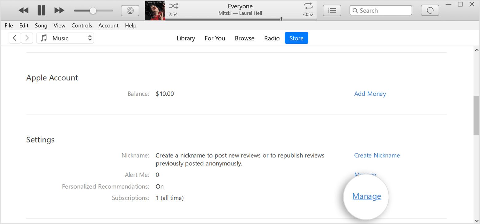 Screenshot of the iTunes Account menu on Windows 10, with the 'Manage' option zoomed in for emphasis.