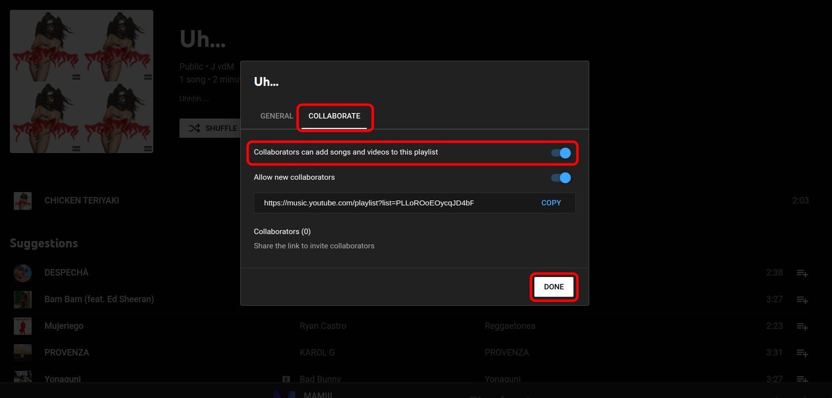 Youtube music playlist collaboration options window with the enable collaboration checkbox highlighted and the done button highlighted