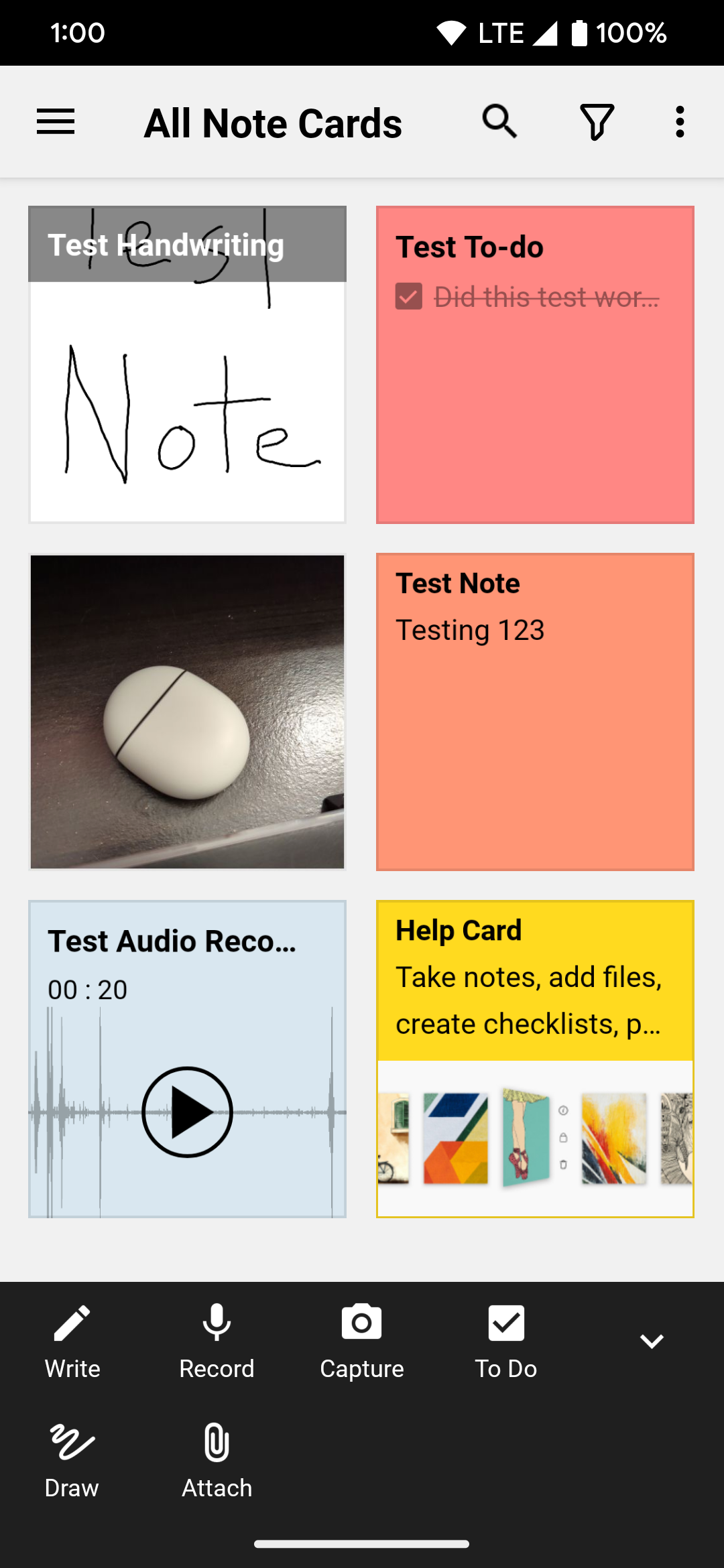 An example of a handwritten note, audio recoding, and various notes in the Zoho Notebook app