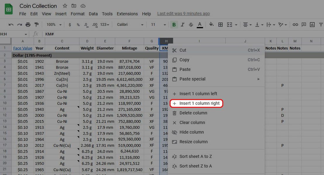 Insert a column in Google Sheets