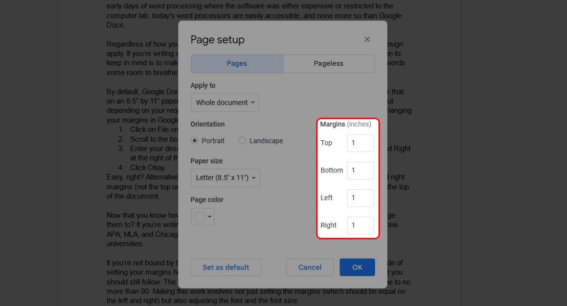 How to change margins in Google Docs