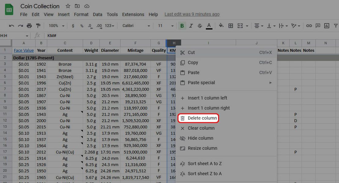 Delete rows and columns in Google Sheets