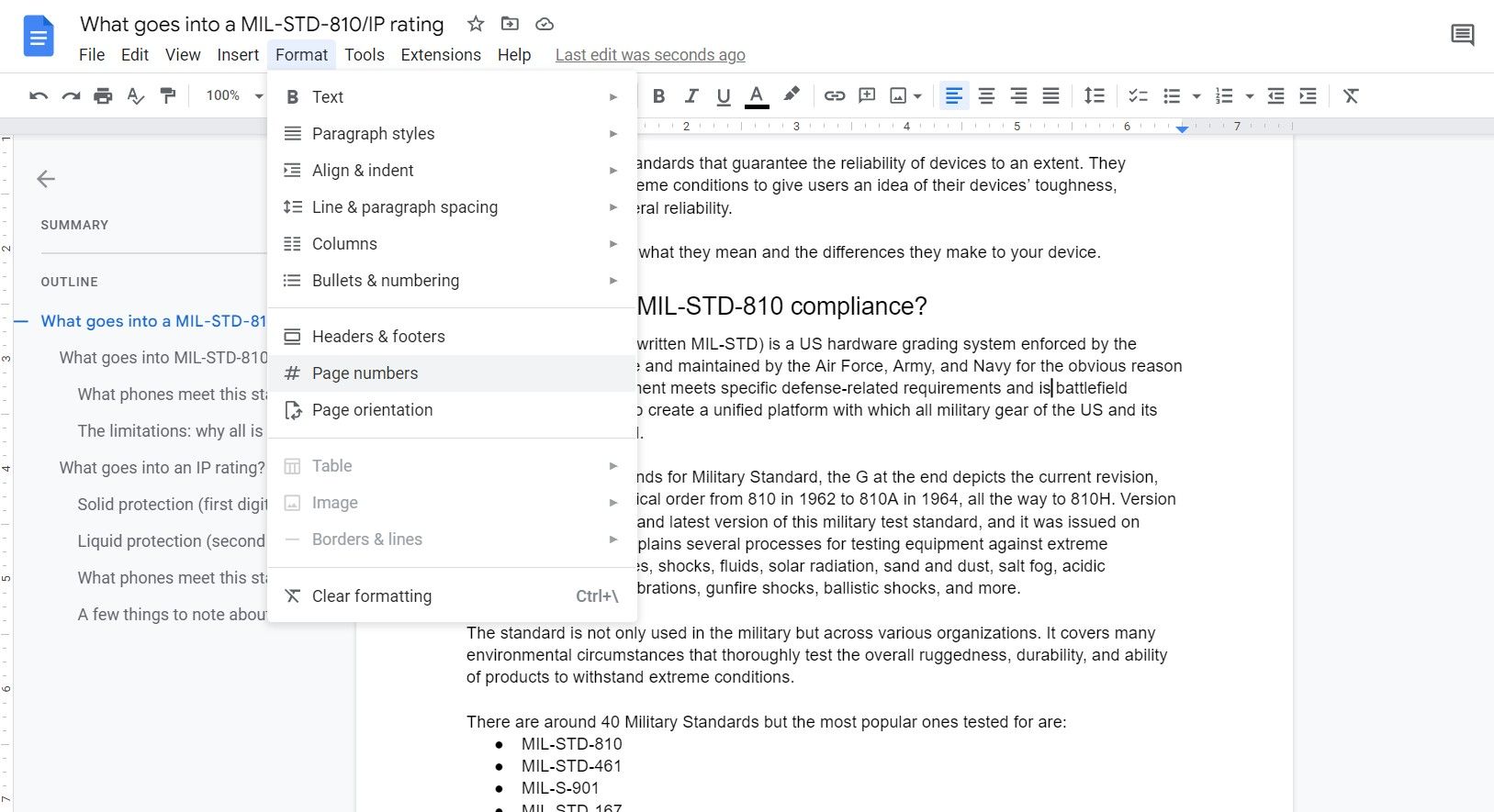 The Google Docs Format menu showing how to add page numbers