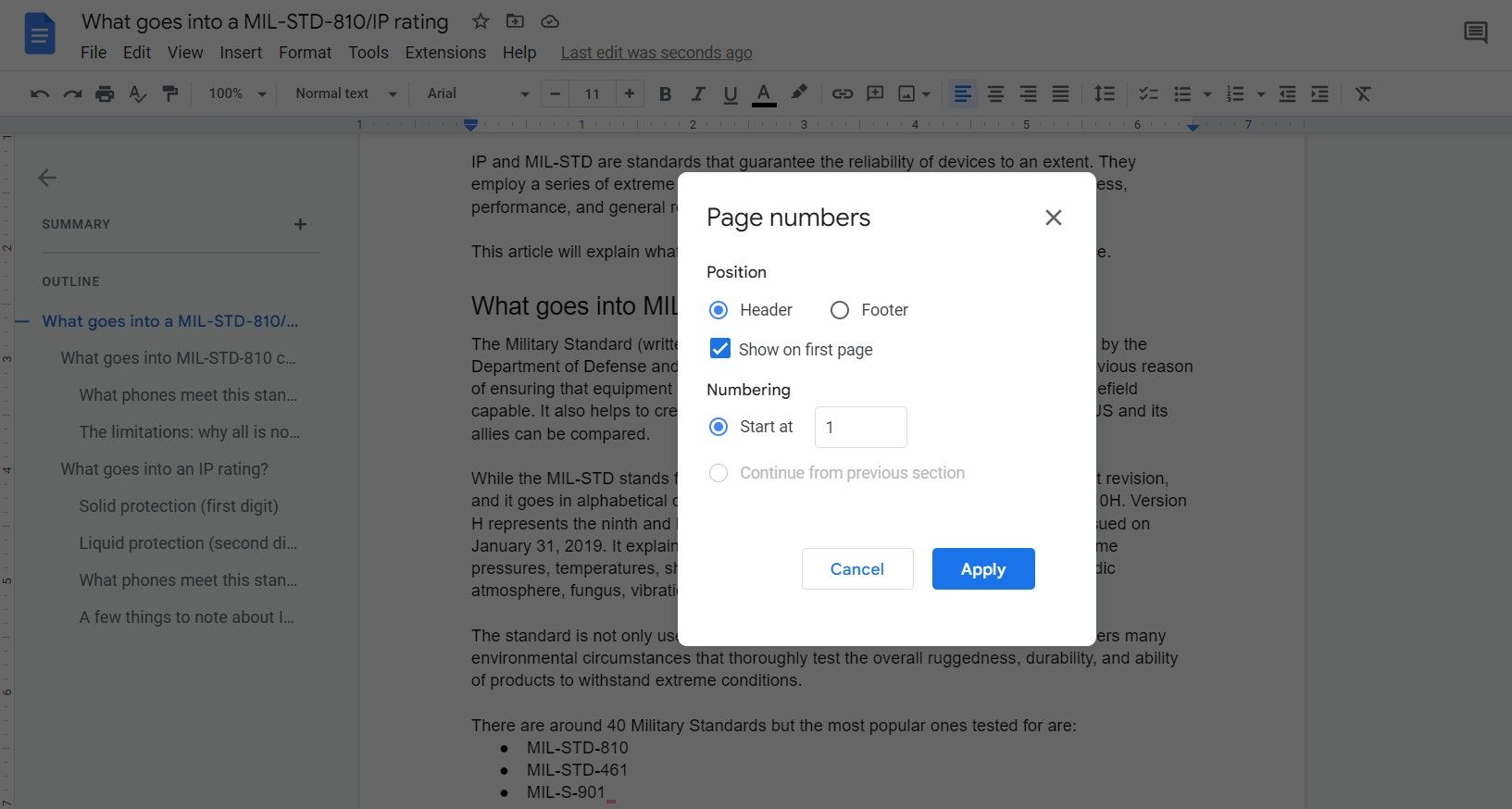 The Google Docs Page numbers dialog box showing how to choose the position and numbering of page numbers
