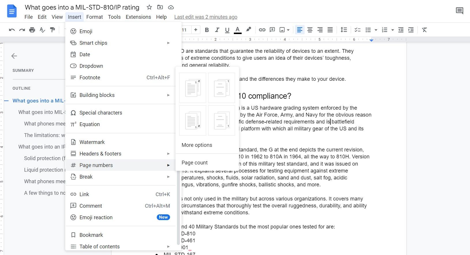 The Google Docs Page numbers option showing different ways to place page numbers in a document