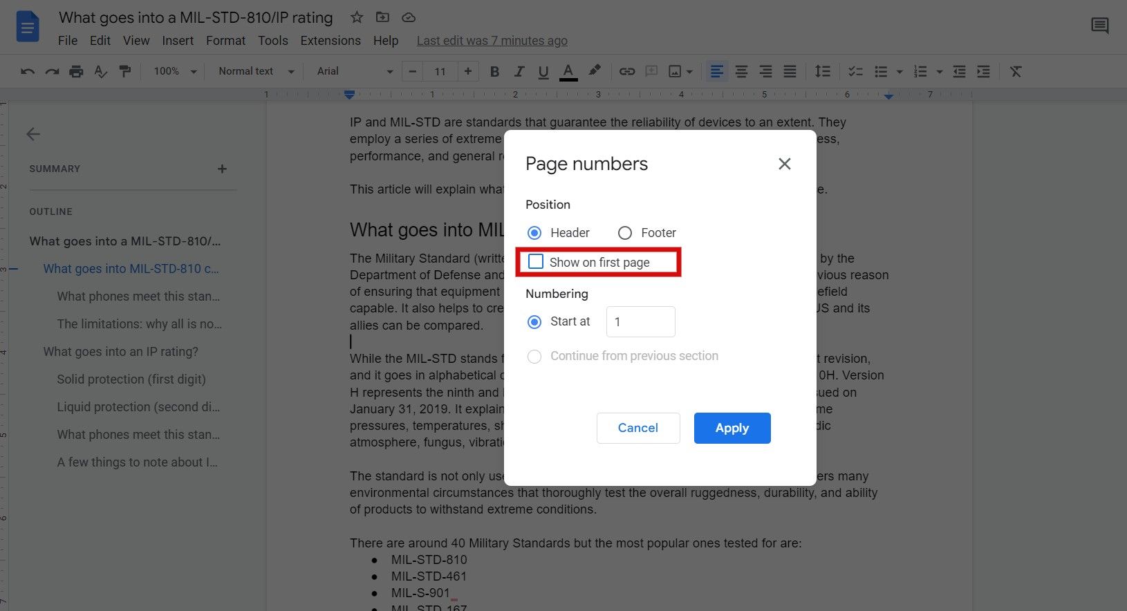 Chose whether to add a page number to the first page of a Google Docs document