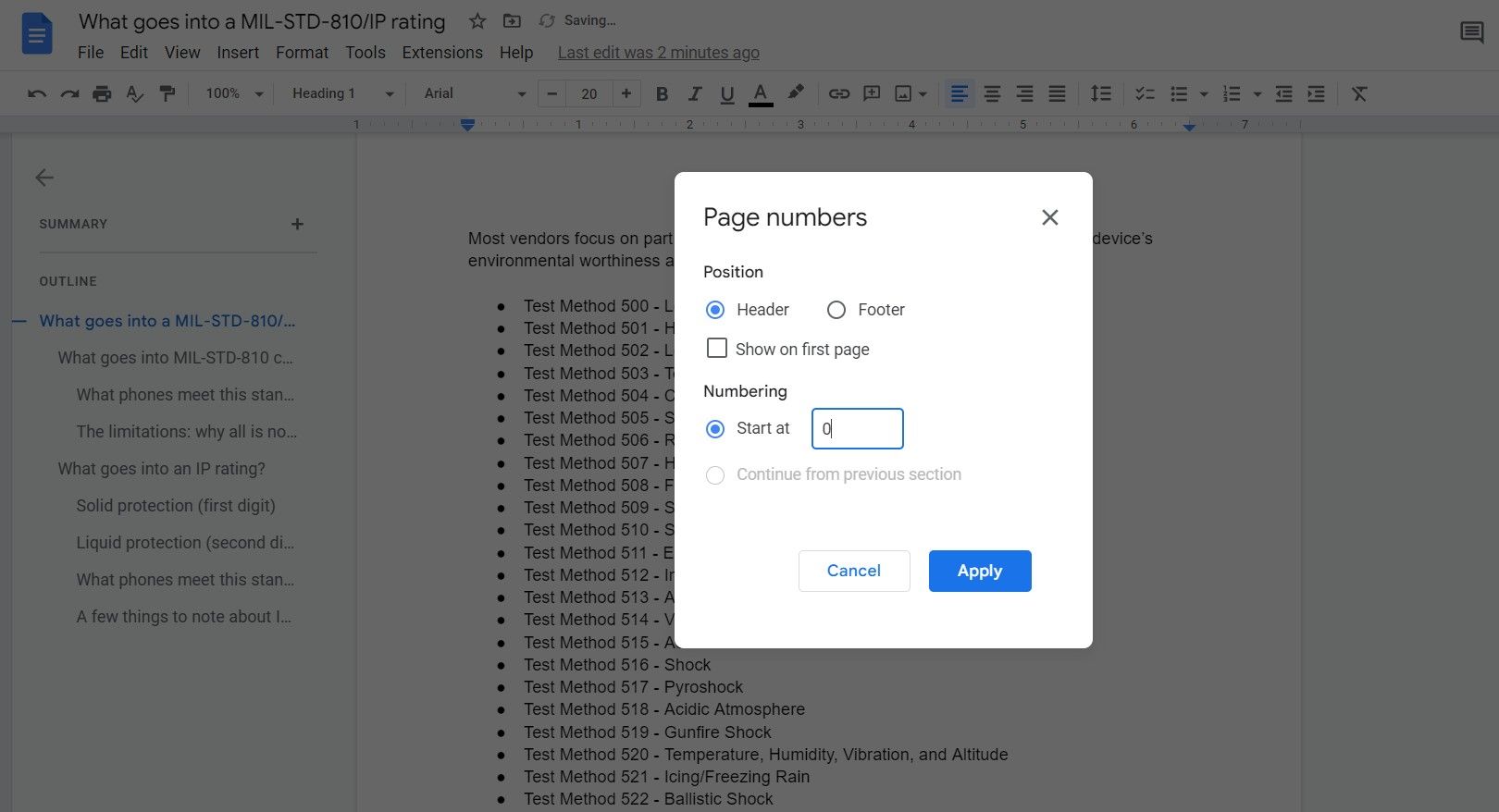 The Google Docs Page numbers dialog box showing how to start page numbering at a custom number