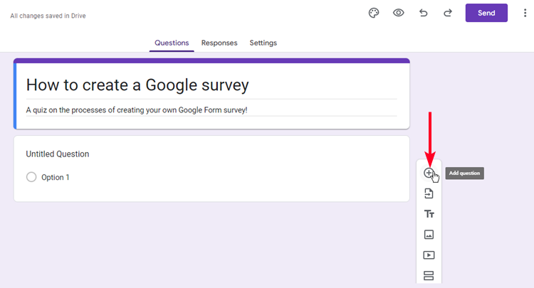 Screenshot showing options to add questions in Google Forms