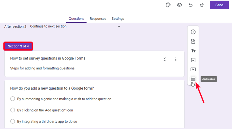 Add section option in Google Forms