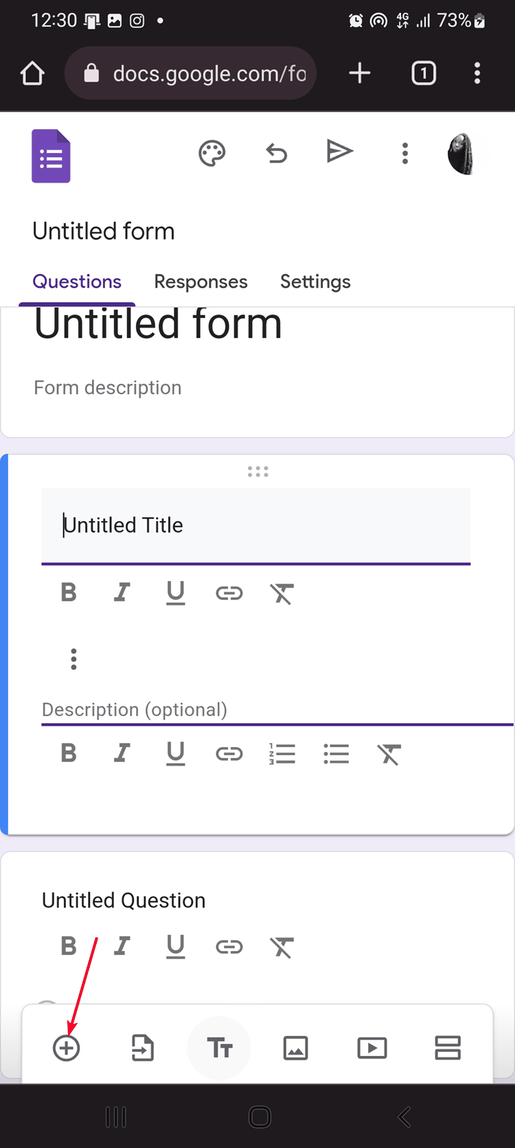 Icon for adding new questions on mobile version of Google Forms