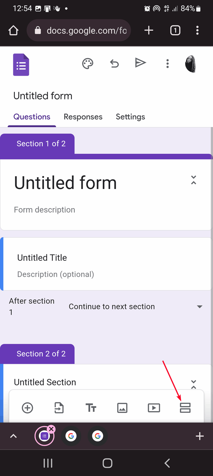Icon for adding sections to Google Forms on mobile phone