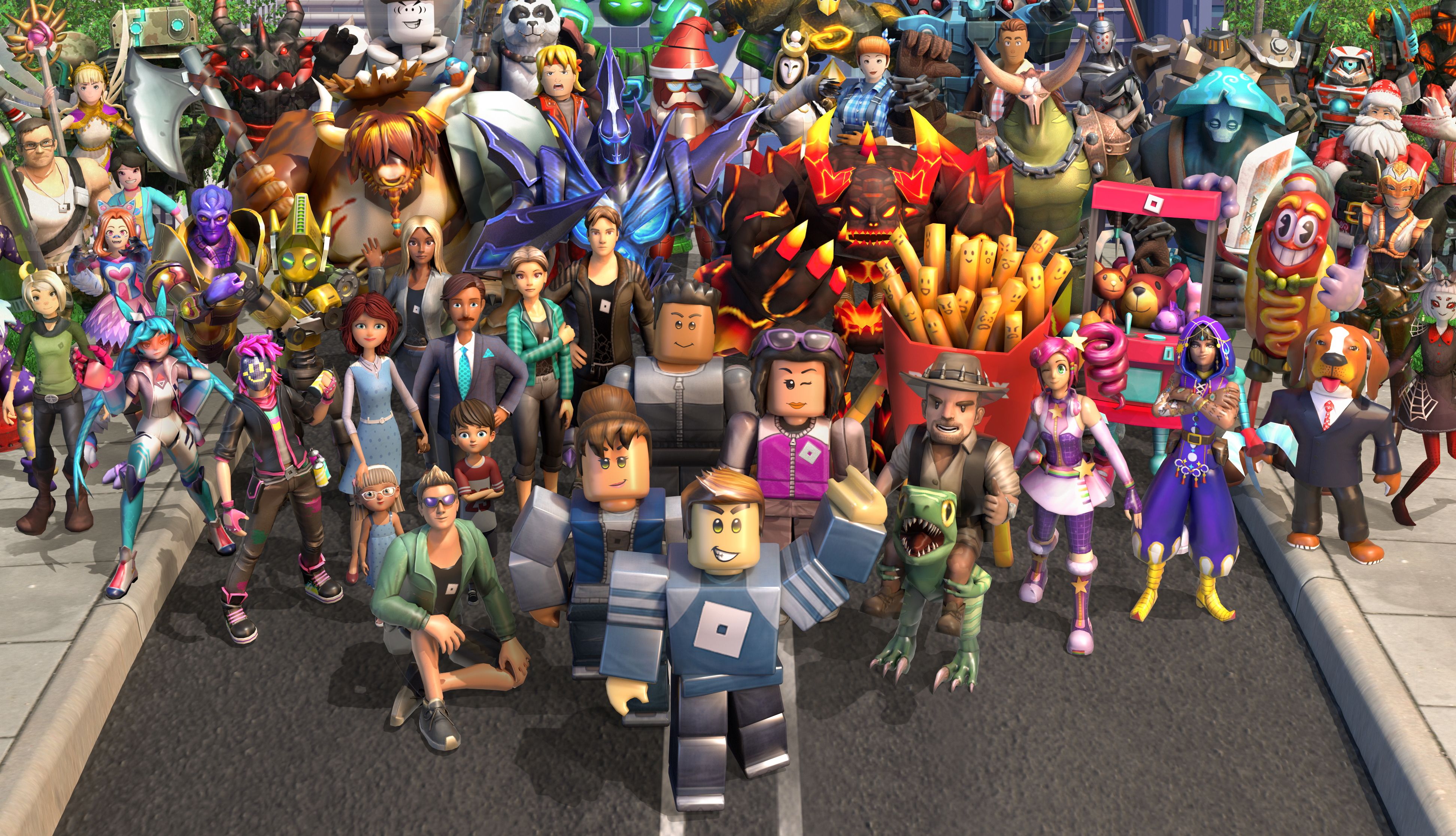 roblox cartoon figures in a crowd with poses