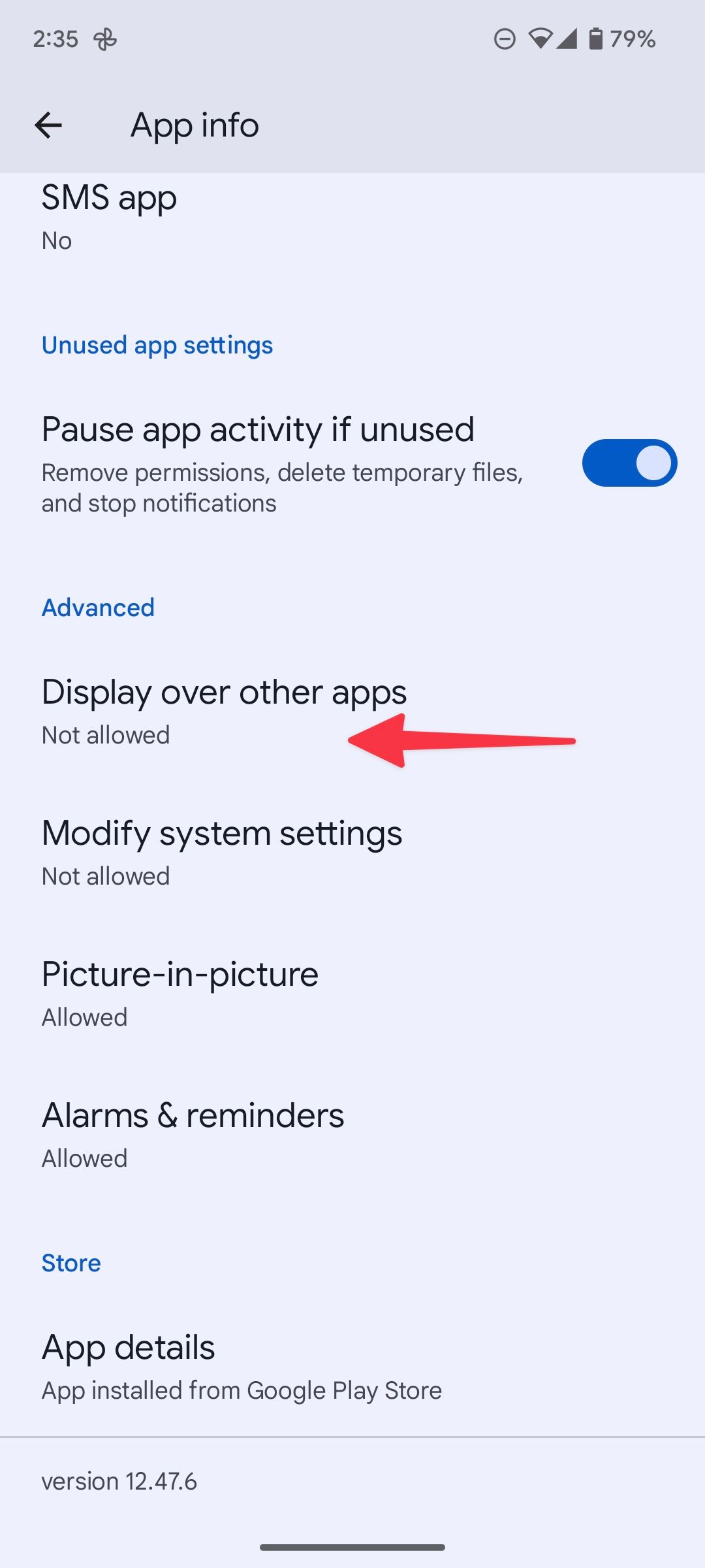 A screenshot showing where to find an apps' display-over options.