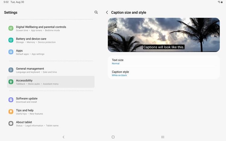 Caption size and style settings menu on Samsung S7 tablet