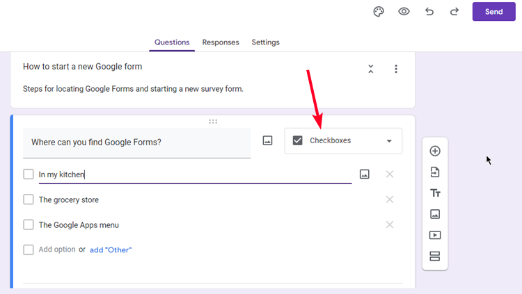 A question tab in Google Forms