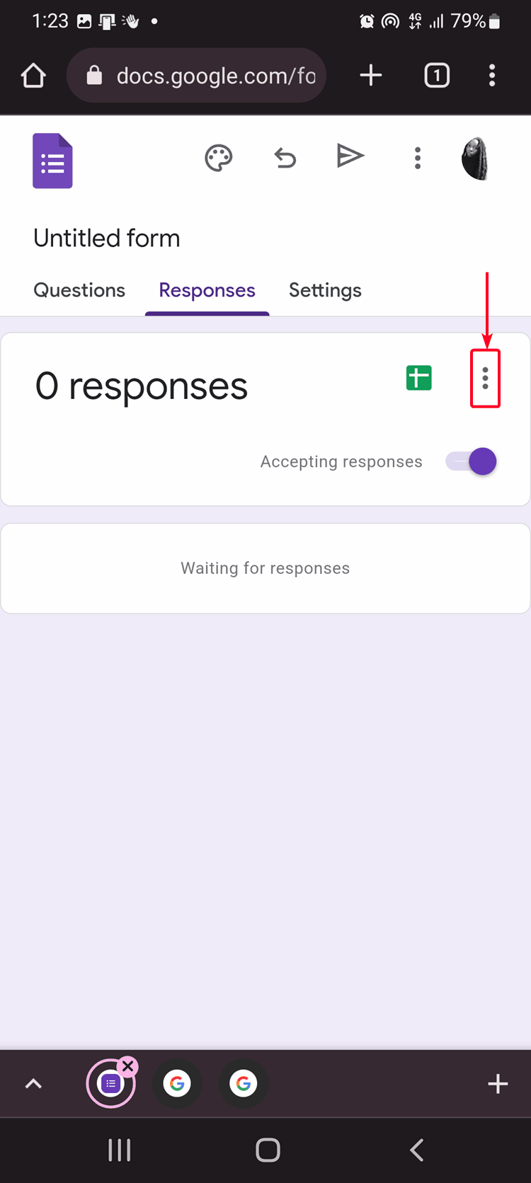 Three-dots menu for downloading responses on Google Forms