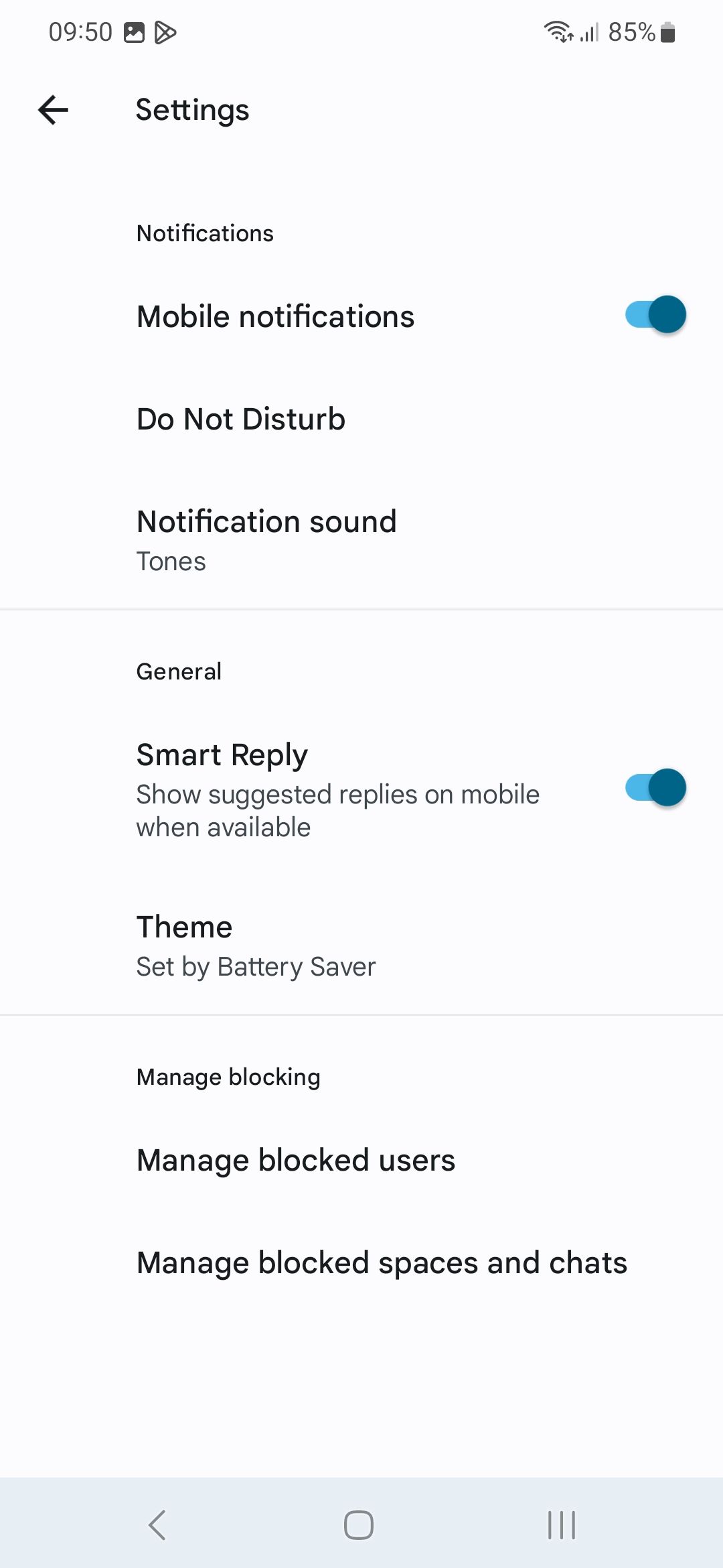 Google Chat Settings menu in Android