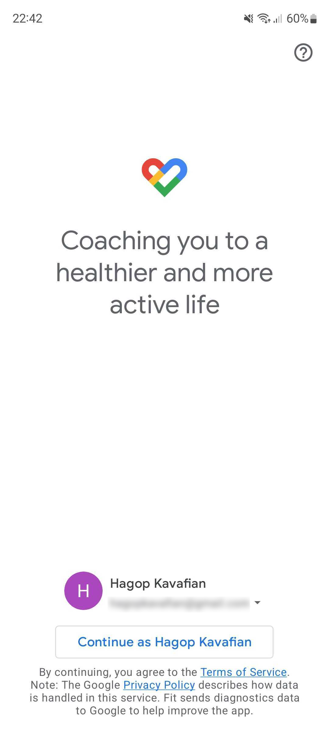 Screenshot of the the Google Fit welcome screen asking which Google Account to use