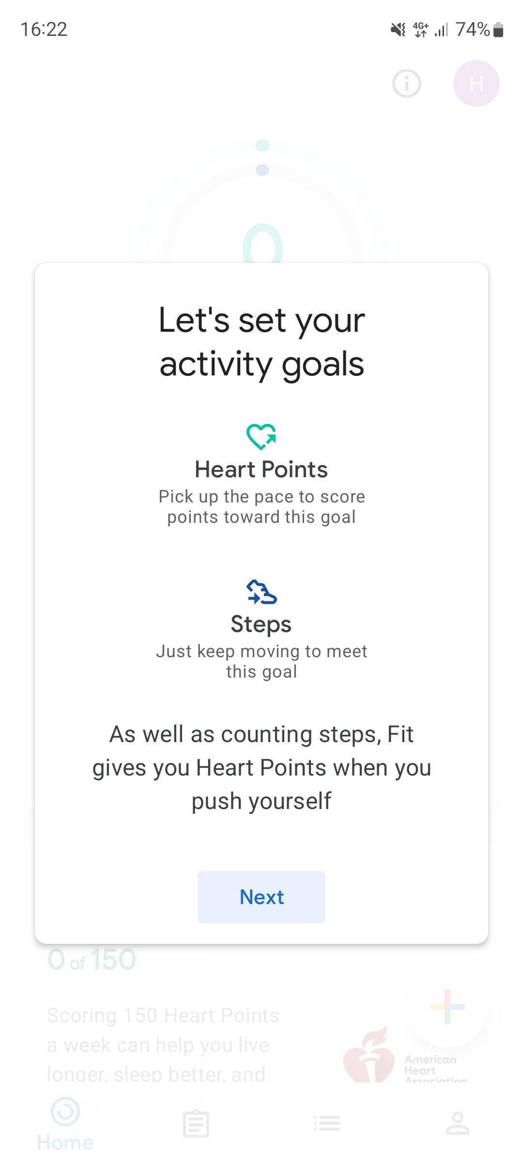 The Let's set your activity goals screen in Google Fit