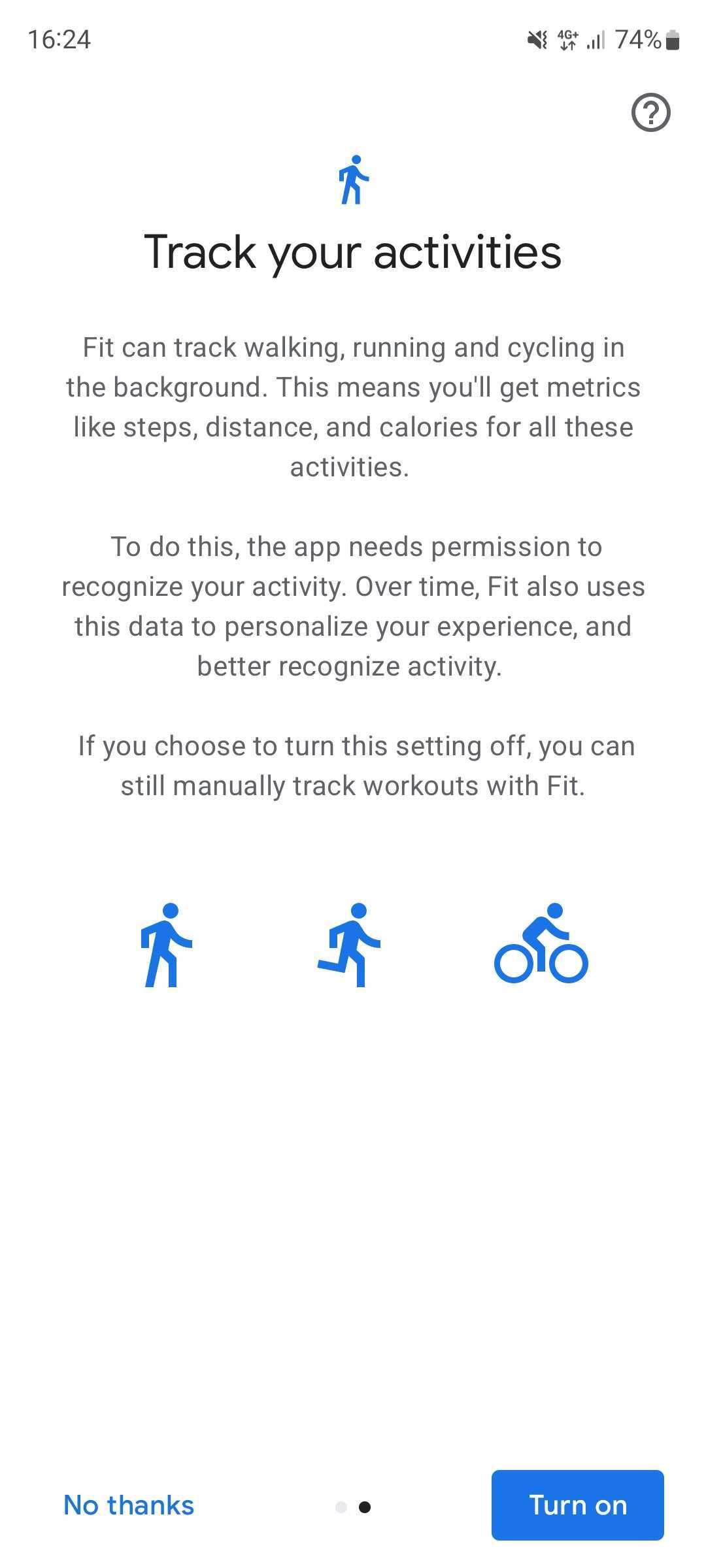 Screenshot of the Google Fit app asking whether to turn on automatic activity tracking