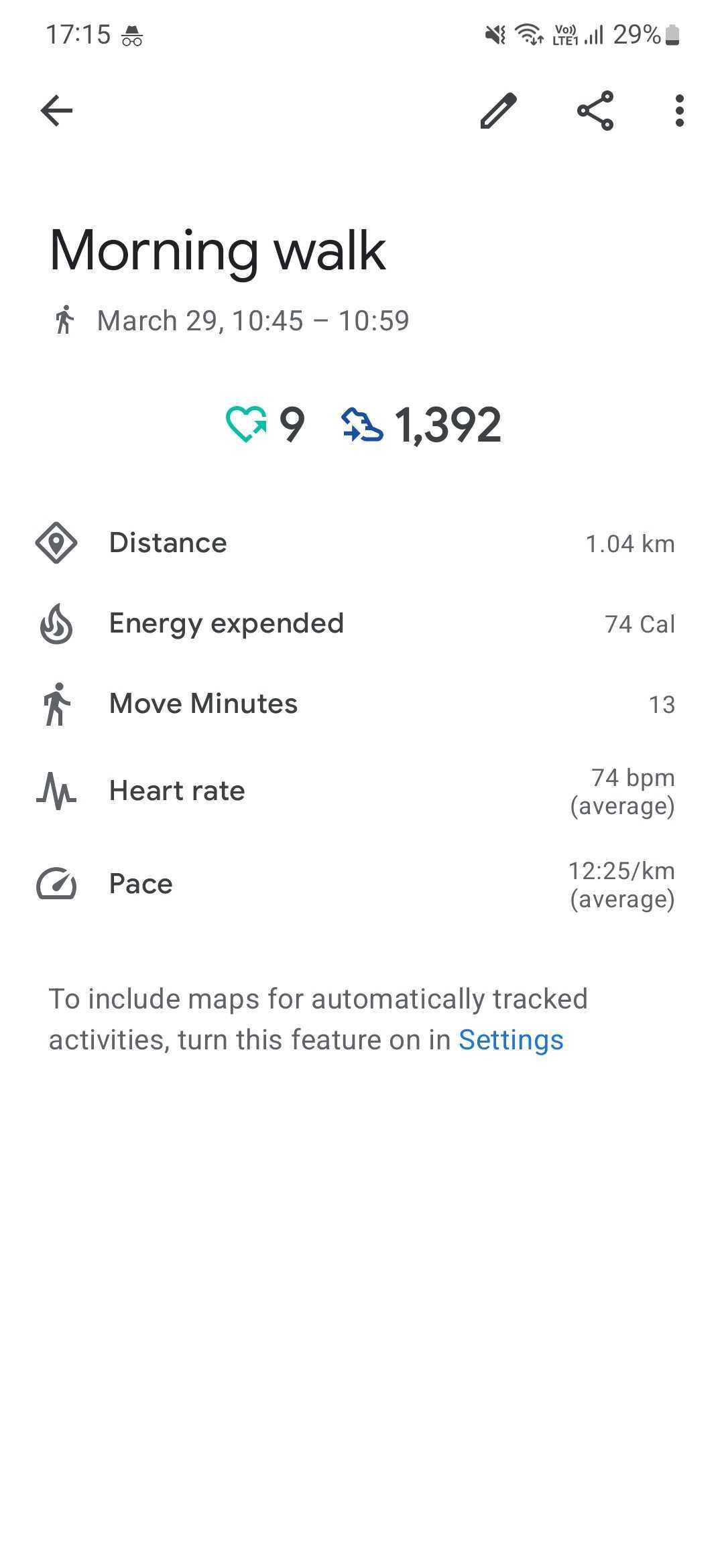 Screenshot of the Google Fit app showing an activity's details