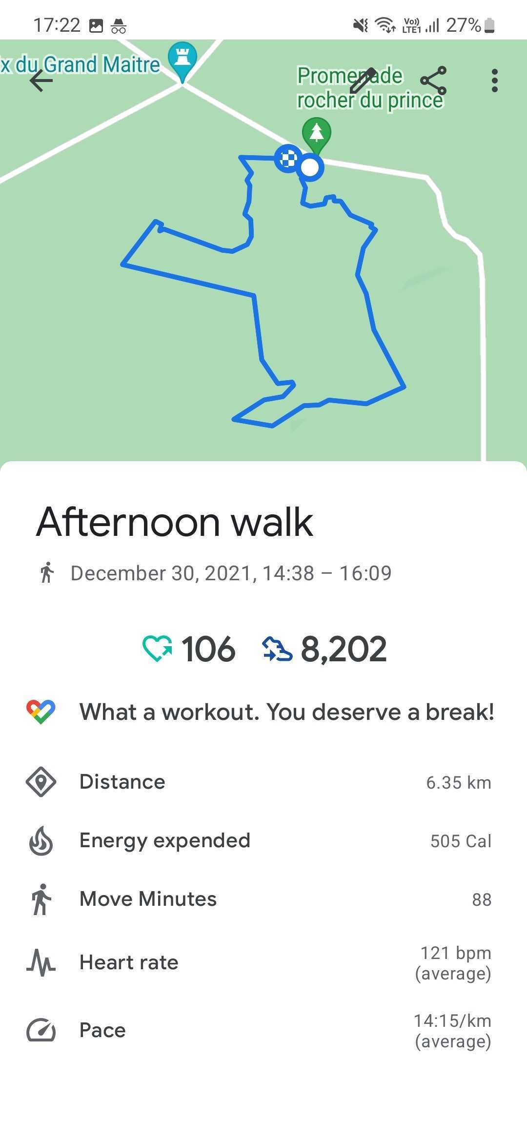 Screenshot of the Google Fit app showing the activity details on a map