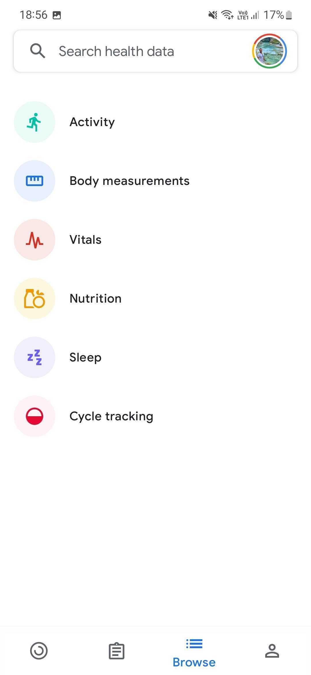 Screenshot of the Google Fit app showing the various elements its records and tracks