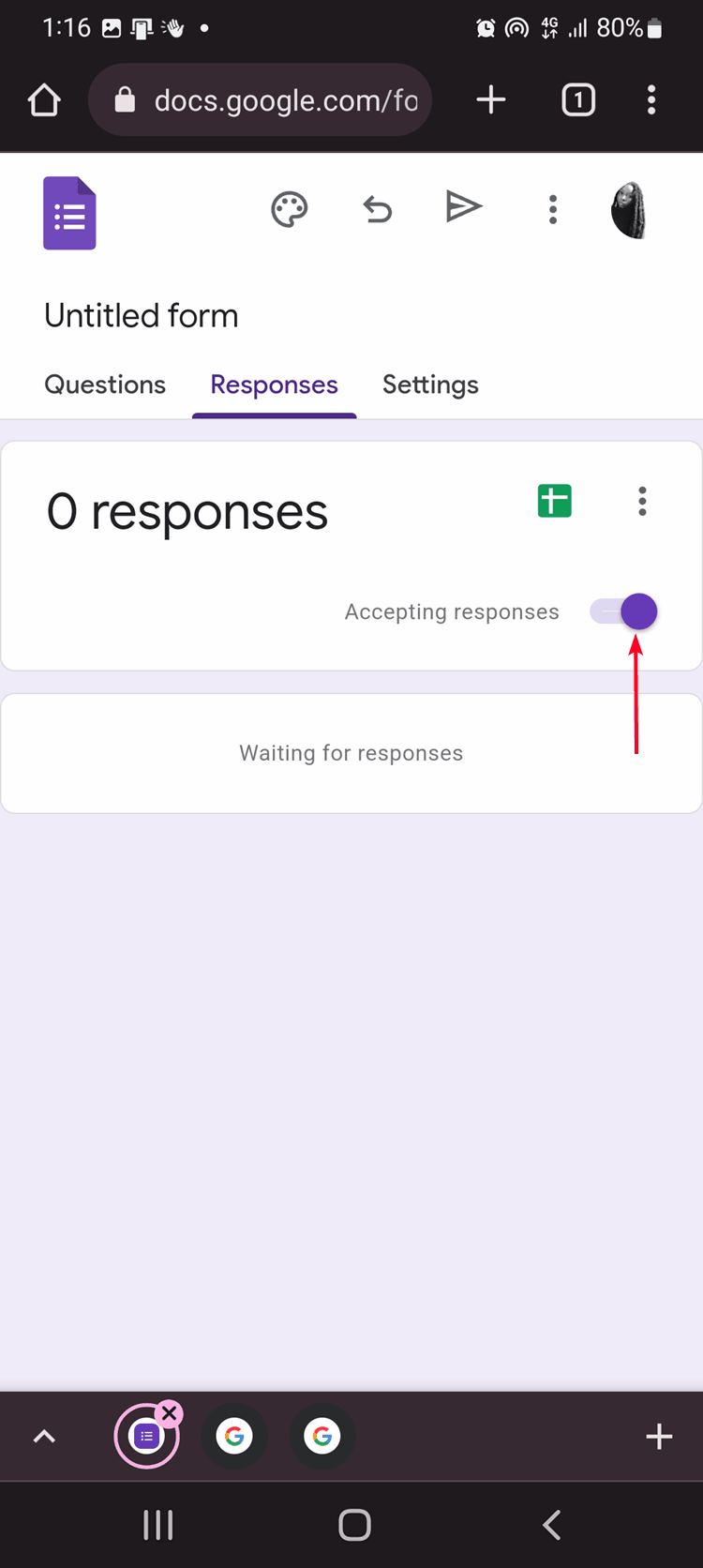 Google Forms Responses menu
